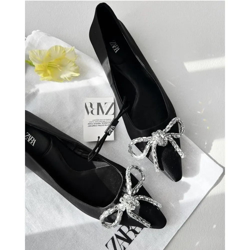 ZARA Rhinestone Bow Pointed Toe Ballet Flats NWT Black Size 7.5